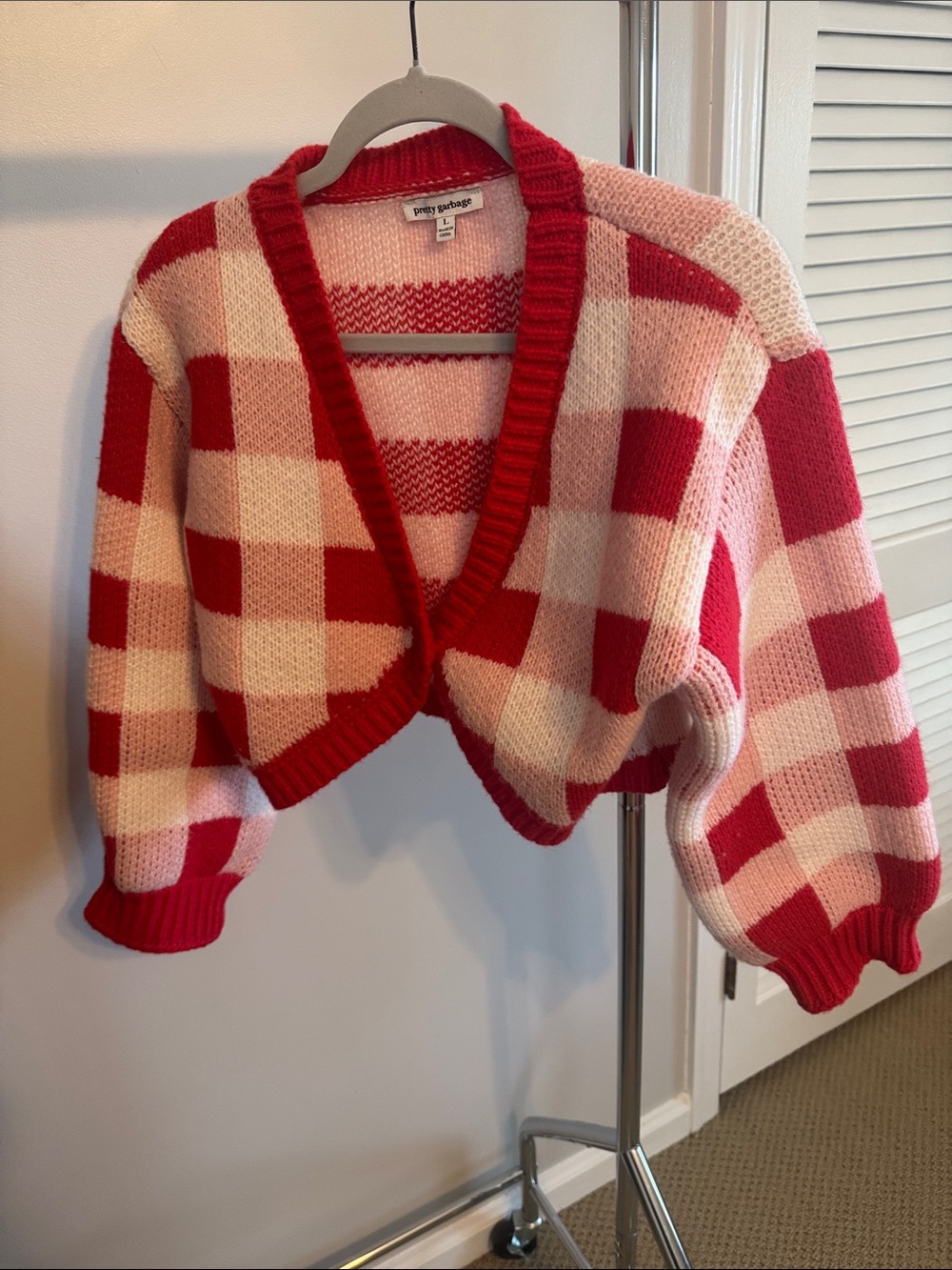 Pink & Red Check Cropped Cardigan Knit Sweater